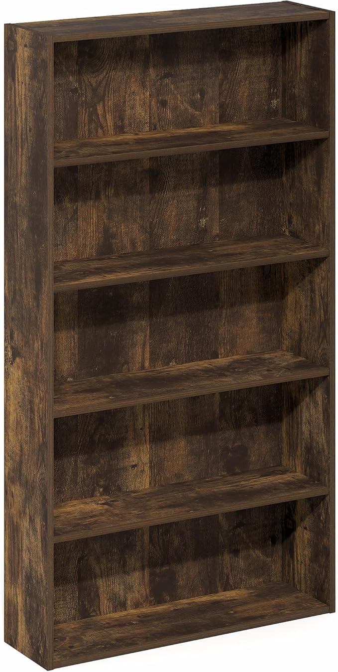 Furinno Basic Book Shelf, 5-Tier Bookshelf, Cube Storage Organizer Bookcase with Open Shelf, 7 x 24 x 44, for Living Room, Bedroom, Home Office, Amber Pine