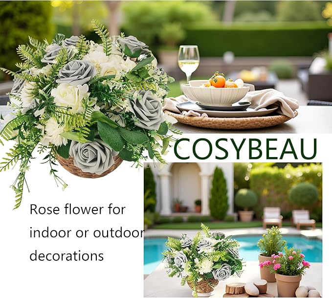 Grey Roses Artificial Flowers 25 PCS, Fake Rose Flower Heads Flowers with Stem for DIY Bouquets Wedding Decorations Centerpieces Arrangements Party Home Decor