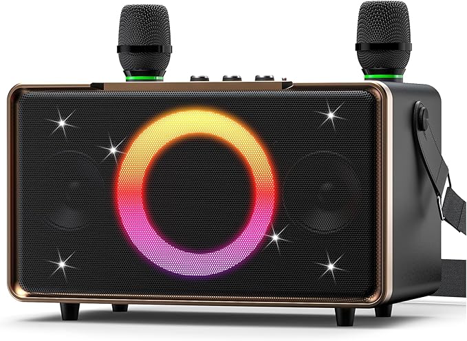 GFEEN Portable Bluetooth Speaker: 200W Peak, 15H Playtime, Wireless Speakers with Microphone, 5″ Subwoofer, Loud Sound, Light Show, Fast Charging for Outdoor, Party, Backyard(Gold with 2Mic)