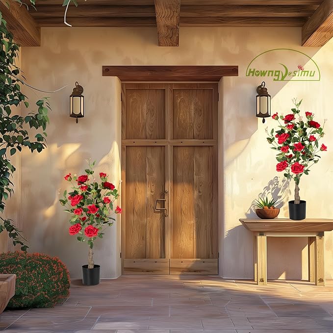 Artificial Rose Flower Trees 2 Pack- 38’’ Lifelike Plant in Pot with Red Flowers Decorative Rose Trees for Home, Office, Wedding, and Event Decor, Red