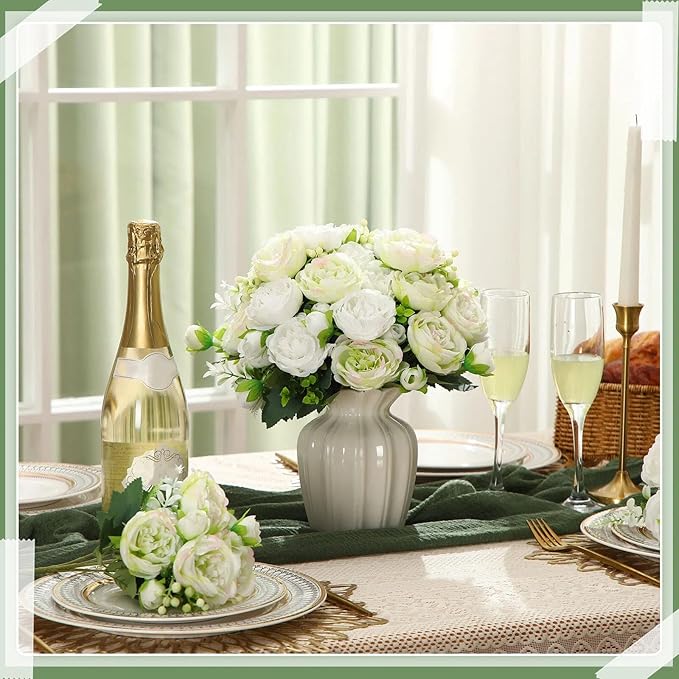 Geosar 8 Bundles Artificial Peonies Flowers Fake Silk Peony Bouquet Faux Peonies Flowers Bulk for Decoration Vase Floral Arrangements Wedding Party Table (White,Green)