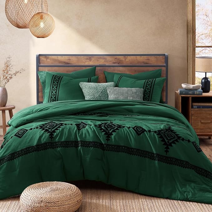 MaiRêve Embroidery Queen Size Comforter Set Emerald Green, Boho Farmhouse Western Bedding Set 7 Pieces, All Season Bed in A Bag Comforter Set with Sheets, Pillowcases & Shams