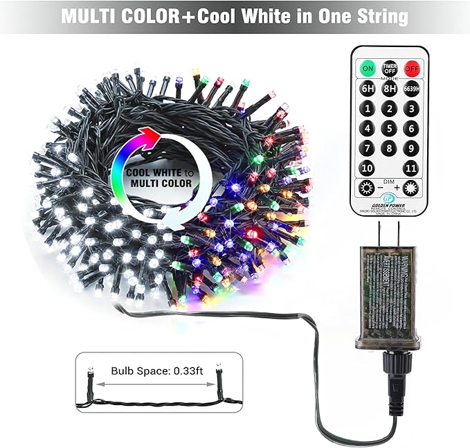 Brizled Christmas Lights Outdoor, 180.4ft 500 LED Color Changing Christmas String Lights with Remote, 11 Modes Christmas Tree Lights Cool White & Multicolor Green Wire Xmas Lights for Xmas Party Home