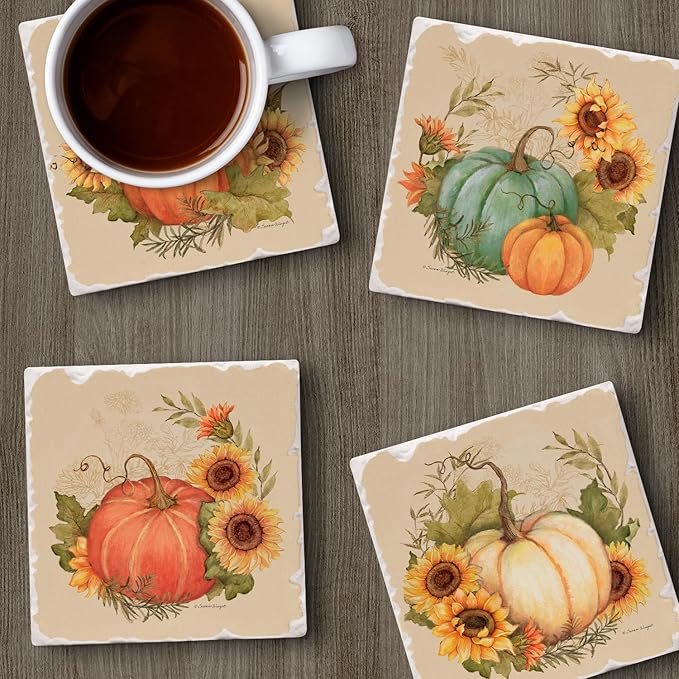 Thirstystone Harvest Field 4 Pack Assorted Tumbled Tile Stone Coasters with Protective Cork Backing 4" Square Manufactured in The USA