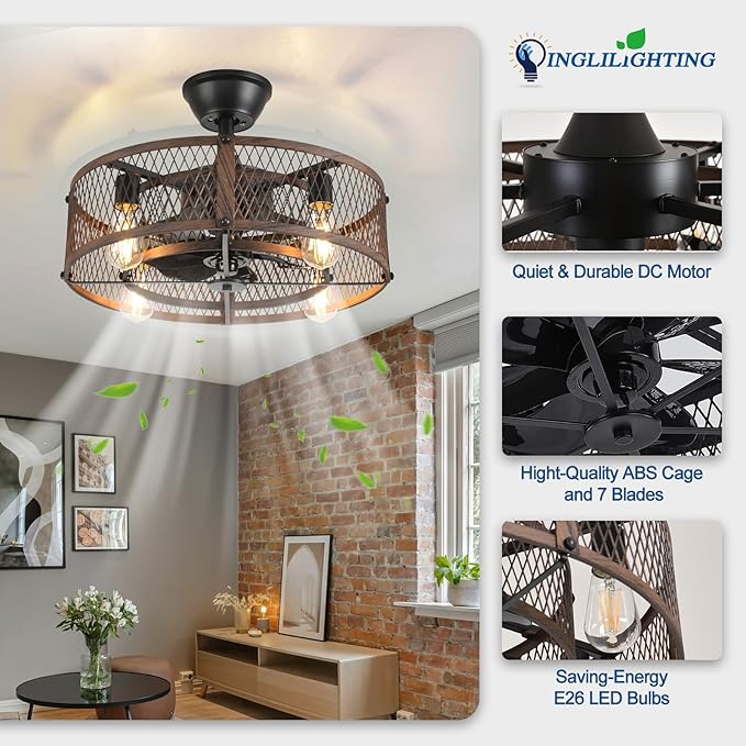 DLLT Caged Ceiling Fan with Lights: 20" Farmhouse Fandelier with Light and Remote - Walnut Industrial Chandelier Fan Light for Bedroom Living Dining Room Kitchen