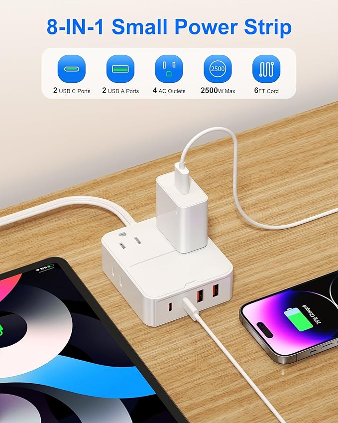Power Strip Flat Plug with 4 AC Outlets 4 USB Ports (20W), Surge Protector Charging Station with Overload Protection, 6Ft Flat Plug Extension Cord, Fast Charging for Office Dorm Room (White)