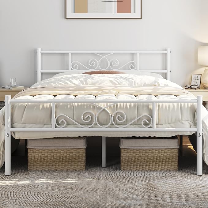 Yaheetech Full Bed Frames Metal Platform Bed with Headboard&Footboard for Bedrooms/No Box Spring Needed/Easy Assembly/Underbed Space: 12.6"/White Full Bed