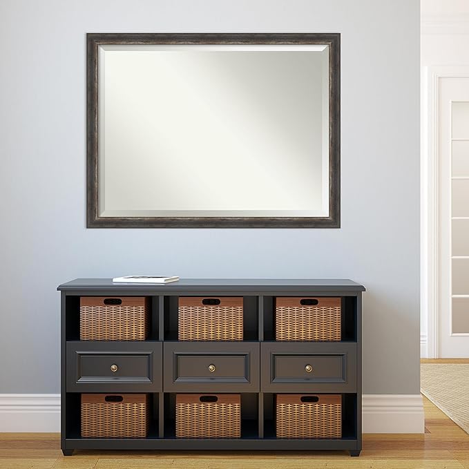 Amanti Art Brown Bathroom Mirror for Over Sink, 33x43 Bark Rustic Char Narrow Rectangle Vanity Mirror, X-Large Country Rustic Frame, Hangs Horizonally and Vertically, Bathroom Wall Decor, Beveled Edge