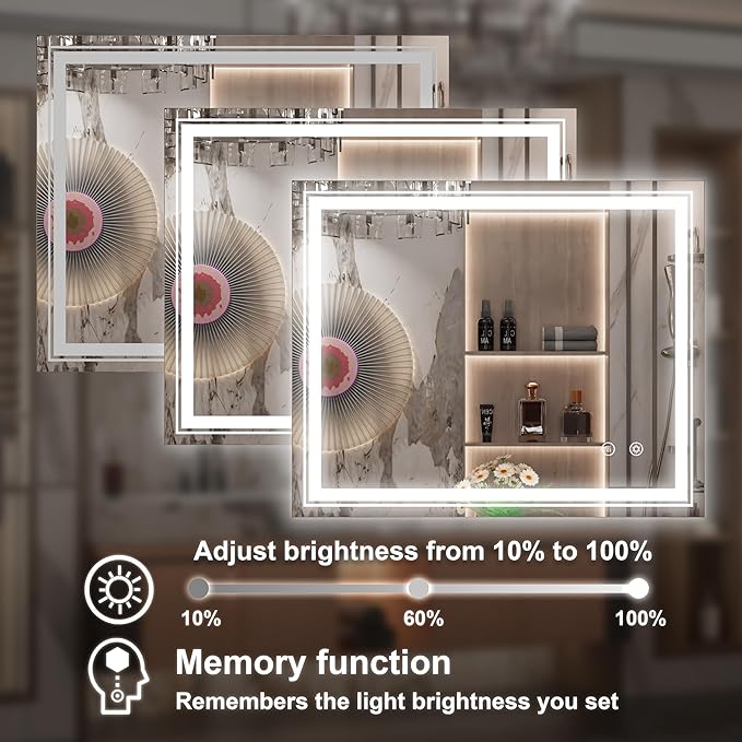 40 x 32 Inch LED Mirror for Bathroom, Wall Mounted Lighted Bathroom Vanity Mirrors, Stepless Dimmable, Memory Funtion, Anti-Fog, 6000K, Shatter-Proof, Horizontal or Vertical