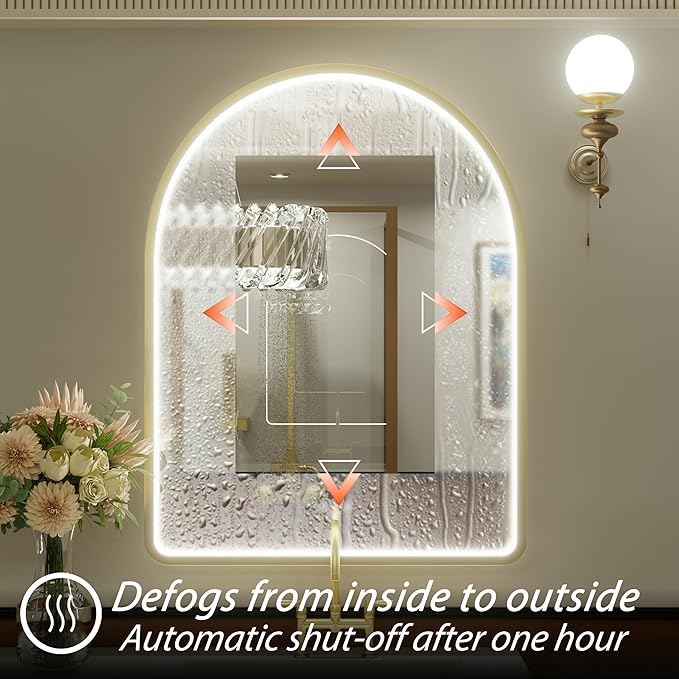 40x30 Inch Arched Gold LED Bathroom Mirror with Lights, Adjustable 3000K/4500K/6000K, Wall Mounted Framed Lighted Bathroom Vanity Mirror, Anti-Fog, Dimmable, Memory Function