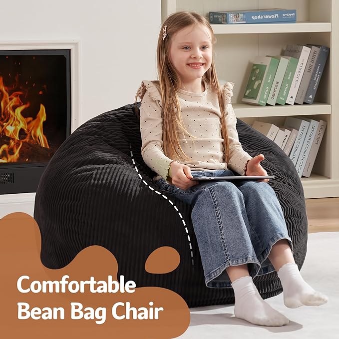 Homguava 2FT Bean Bag Chair,Teardrop Bean Bags Small Beanbag Chair with Memory Foam Filled and Ultra Soft Corduroy Cover for Living Room, Bedroom (Small,Black)