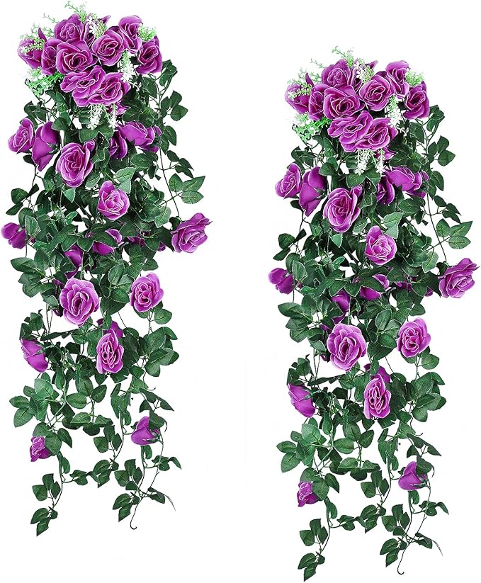 RECUTMS 2Pieces 3.3Ft Fake Hanging Flowers Artificial Rose Plants Wall Décor Wedding Home Garden Decoration (Purple)