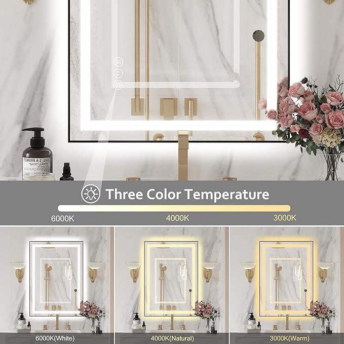 20"x 28" LED Bathroom Mirror with Black Frame, Bathroom Mirror with Lights Front and Backlit, Lighted Mirror Stepless Dimmable, Anti-Fog, Memory, LED Vanity Mirror with Lights 3 Colors