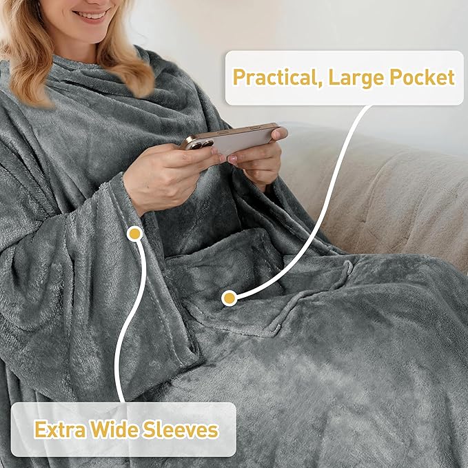 Catalonia Wearable Fleece Blanket with Sleeves and Foot Pockets for Adult Women Men, Micro Plush Comfy Wrap Sleeved Throw Blanket Robe Large, Grey