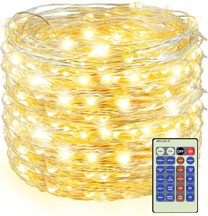 Decute 500LED 164ft Fairy String Lights Christmas Lights Indoor Outdoor Silver Wire with Remote, Firefly Lights Starry for DIY Christmas Tree Costume Wedding Party Table Centerpiece Decor(Warm White)