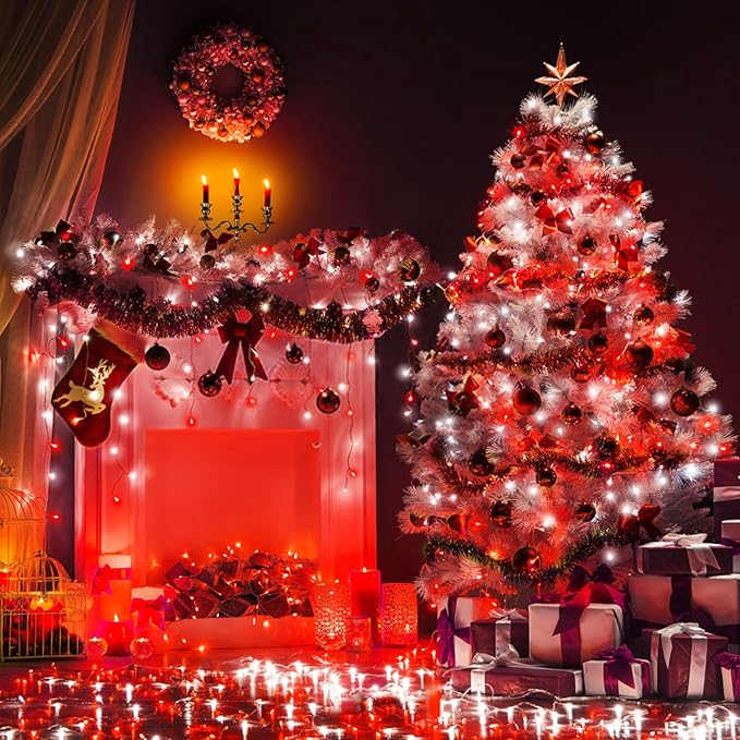 KOUQIYA Battery Operated Christmas Lights 2 Pack, 17ft 50 LED Mini String Light with Auto-Timer 8 Modes Waterproof Tree Lights (Red&White)