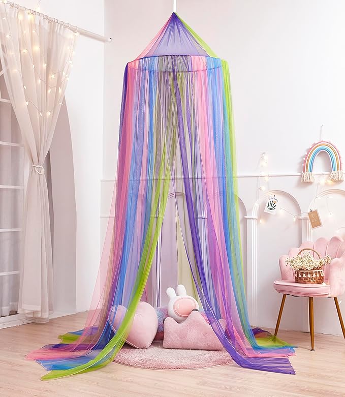 Rainbow Bed Canopy for Girls, X-Large Princess Bed Canopy Rainbow Bedroom Accessories Decor,Girls Mosquito Net Dome Canopy for Twin to King Size Bed