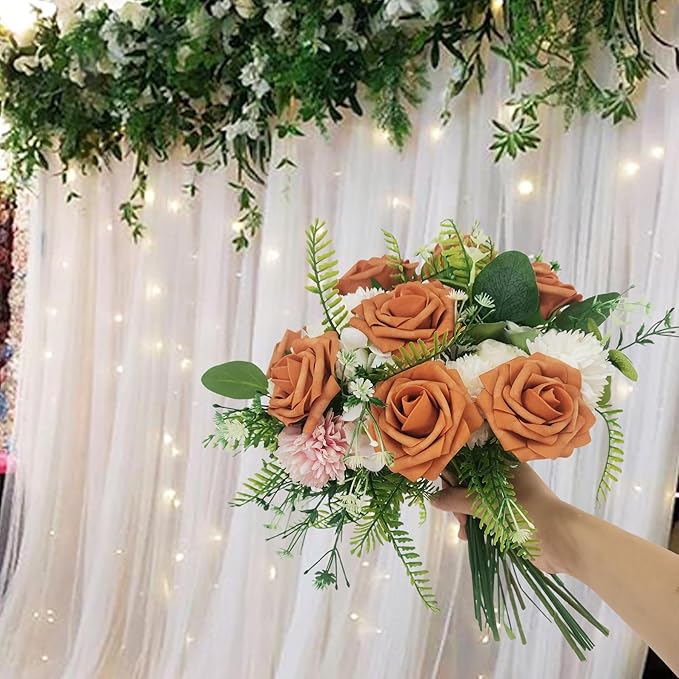 Artificial Rose Flowers 25pcs, Burnt Orange Foam Fake Rose Faux Flower for Wedding Bouquets Bridal Shower Centerpieces Floral Arrangements Home Decorations Party Backdrops Table