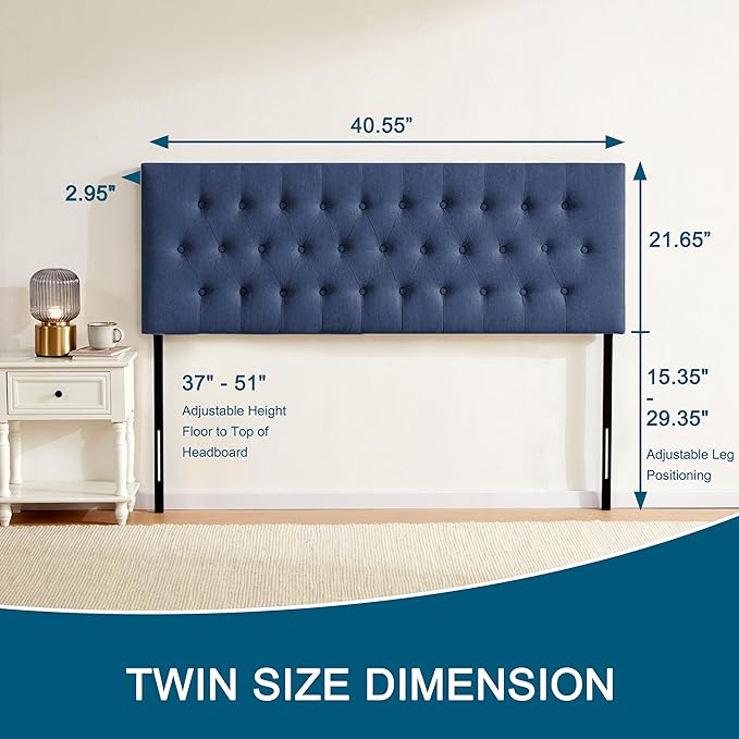 Tufted Upholstered Headboard Twin Size, Solid Wood Head Board with Durable Metal Legs, Adjustable Height Twin XL headboard from 37” to 51” Fabric Headboard in Modern Button Design, Blue