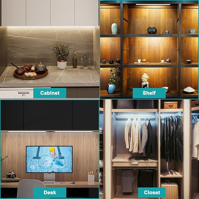 3 Pcs 12 Inch LED Under Cabinet Lighting, Black Shell Under Counter Lighting 6000K Cool White, Dimmable Closet Light, Plug and Play, LED Light Bars for Kitchen Cabinet, Cupboard, Closet, Desk