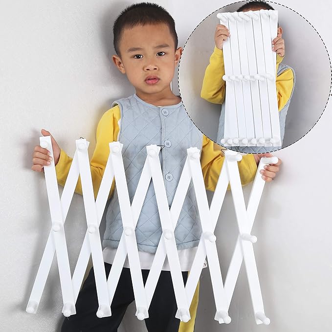 WEBI Accordion Wall Hanger,Wooden Expandable Coat Rack Wall Mounted,Accordion Hat Rack for Wall,Accordion Hook Rack for Hats,Caps,20 Peg Hooks,White