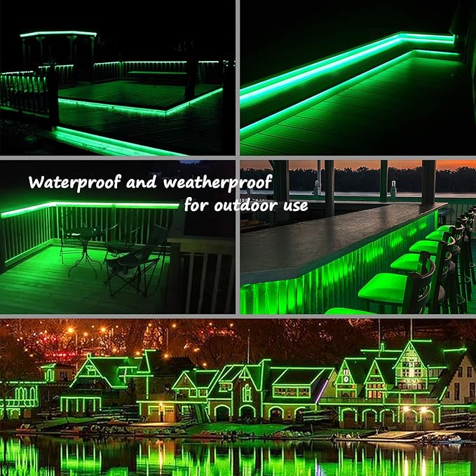 Green Rope Lights,16ft Waterproof, Connectable and Flexible LED Strip Lights with Advanced LEDs and Crystal-Clear Thick PVC Jacket, High Brightness, Great for Deck Pergola Handrail Bedroom