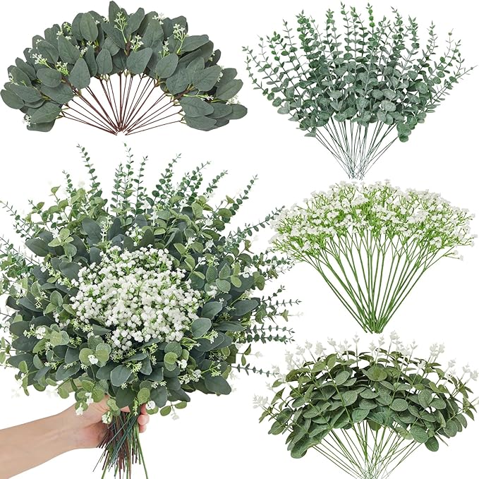 240 Pcs 4 Kinds Mixed Faux Eucalyptus Stems, Baby Breath Flowers Artificial Bulk with Greenery Stems for DIY Bouquets Wedding Home Floral Greenery Decor