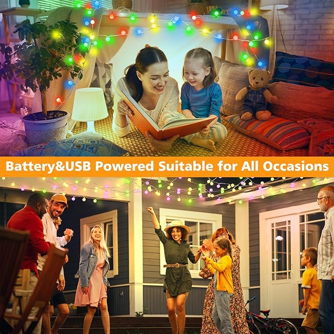 OMIKA 2 Pack 16.5FT 50LED Globe String Lights Battery Operated, Warm White Multicolor USB Fairy Lights Indoor with Remote for Classroom Bedroom Dorm Birthday Patio Tent Party Xmas Décor