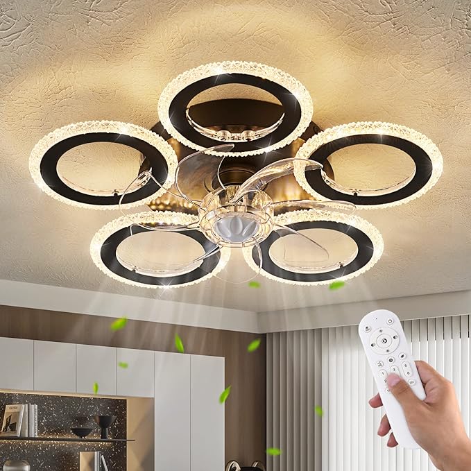 Ceiling Fan with Lights Remote Control, 20" Personality Geometric Ceiling Fan with Light, 6 Speeds 3 Light Color Low Profile Ceiling Fan for Kitchen Bedroom Living Room