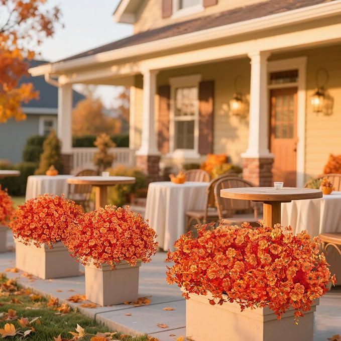 Ouddy Decor 24 Bundles Artificial Fall Flowers for Outdoors, Fake Mums Silk Flowers UV Resistant Faux Plastic Plants for Garden Porch Farmhouse Fall Autumn Harvest Thanksgiving Home Decor, Orange
