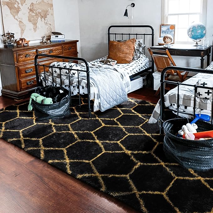 ONASAR 7x9 Area Rugs for Living Room Bedroom, Washable Large Boho Fluffy Black and Gold Throw Rug, Geometric Soft Plush Shaggy Floor Carpet for Nursery Kids Girls Boys Teen Dorm Home Decor Aesthetic
