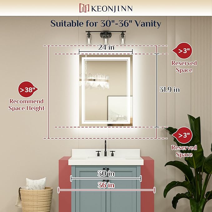 Keonjinn LED Mirror 24 x 32 Inch, Lighted Bathroom Vanity Mirror for Wall, Fronlit Only, HD Tempered Glass, UL-Listed LED Driver, Anti-Fog, Dimmale 6000K, Easy Installation(Horizontal/Vertical)