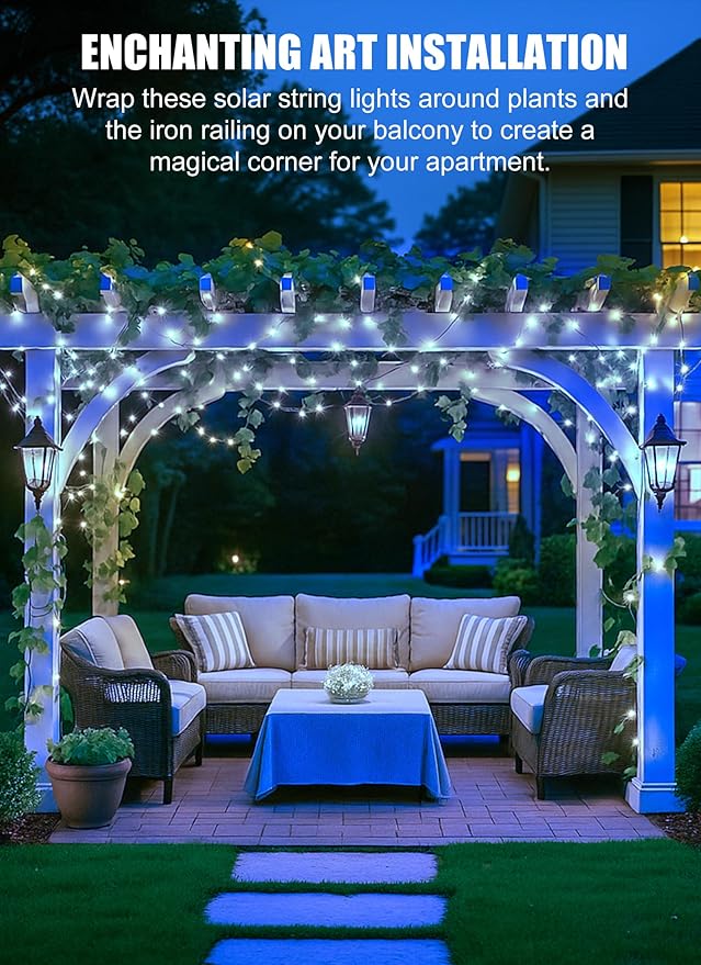 Minetom Solar String Lights, 2 Packs Total 66Ft 200 LED Solar Fairy Lights, Waterproof Solar Lights for Outside Patio Yard Tree Wedding Christmas, Pure White