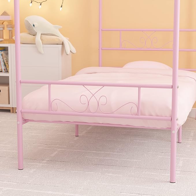 Weehom Twin Canopy Bed Frame with Headboard and Footboard, 4 Posters Metal Bed Frame, No Box Spring Needed, Mattress Foundation Platform Bed for Kids and Adults, Pink