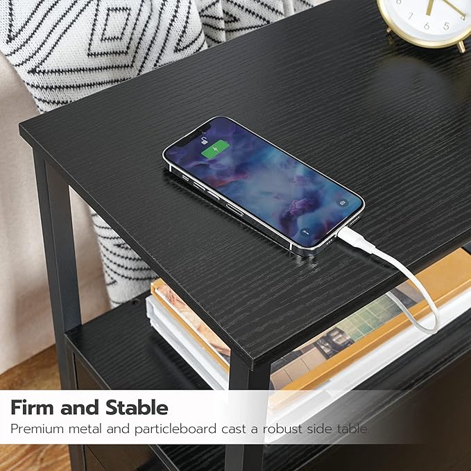 HOOBRO Set of 2 End Tables with Charging Station, Narrow Side Table with Drawers & USB Port & Power Outlets, Nightstand for Small Spaces, Living Room, Stable and Sturdy, Black BK541BZP201