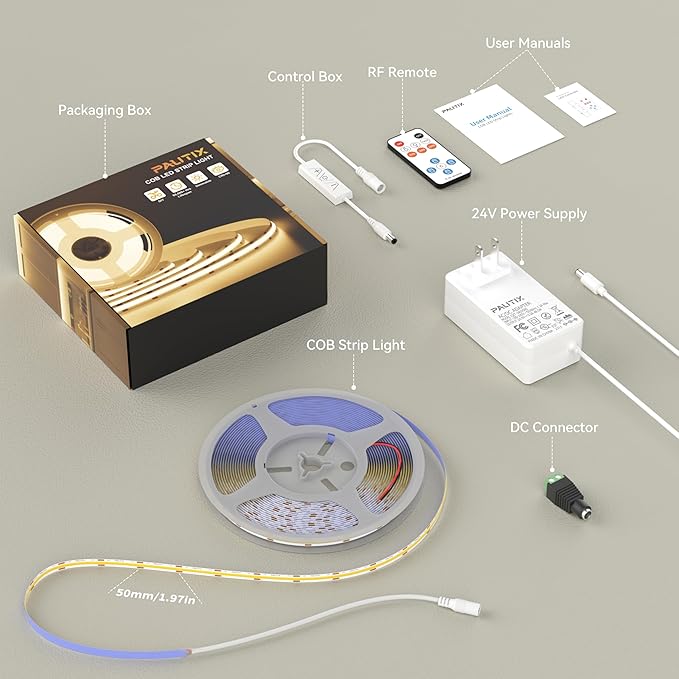 PAUTIX COB LED Strip Light 32.8ft,Engineering Level UL Listed Warm White 3000K,CRI93+ Super Bright High Lumen,Dimmable 24V Flexible LED Tape Light with RF Remote,for Cabinets,Home&Office DIY Lighting