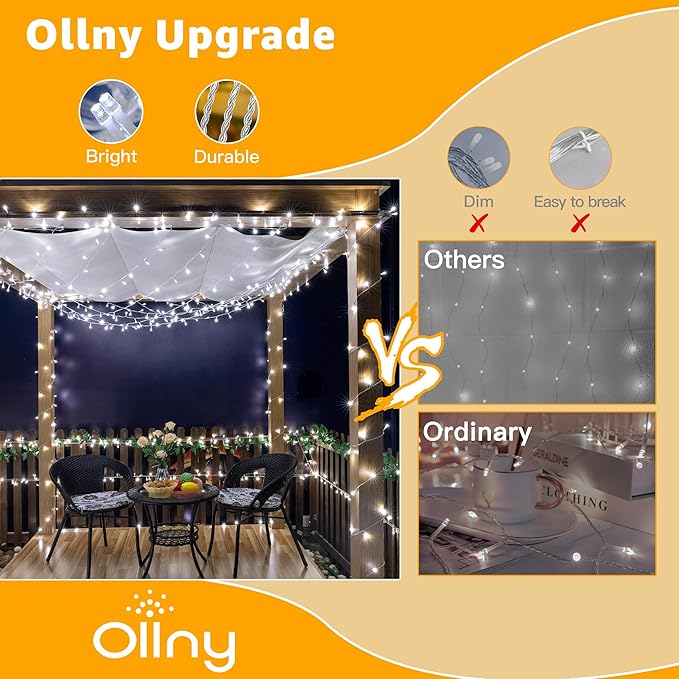 Ollny 120LED 40FT String Lights, Waterproof Connectable Christmas Lights with Timer 8 Modes, Cool White Plug in Fairy Light for Indoor Outdoor Bedroom Xmas Tree Holiday Party Decorations