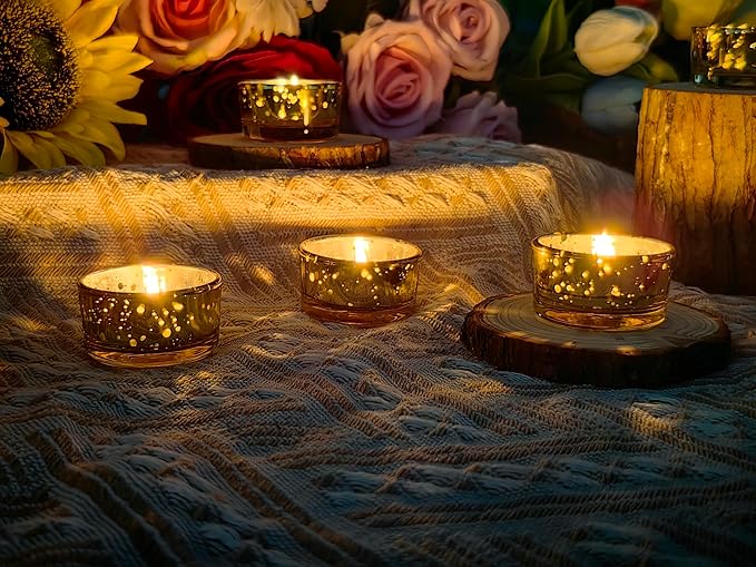 GOLDEAL 30 Pcs Samll Glass Tealight Candle Holders Speckled Gold Glass-Tea Candle Holders Bulk-Perfect for Weddings, Parties, Dinners - Ideal for 1.5" Standard Tealights and Candle Moulds…