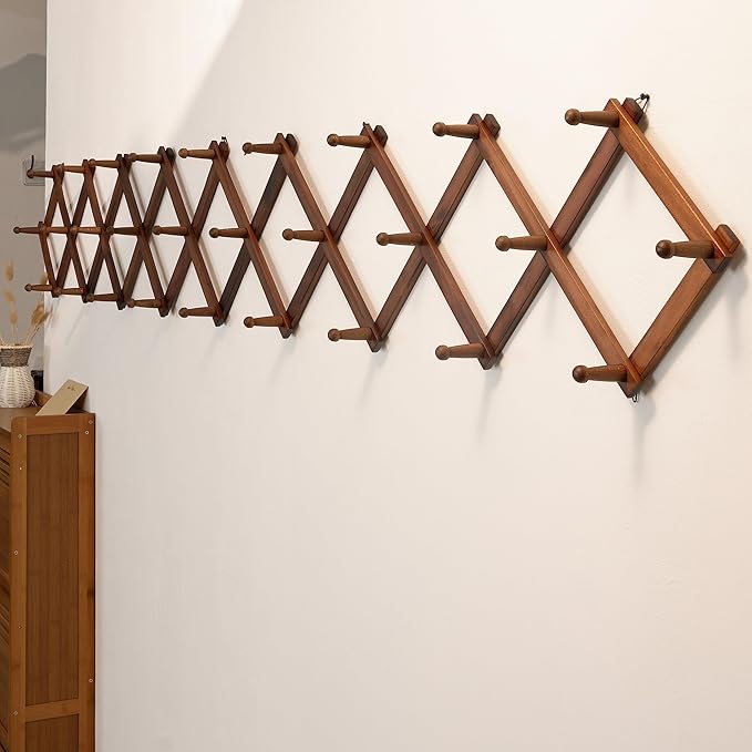 SKOLOO Accordion Wall Hanger with 28 Hooks, Modern Expandable Coat Rack Hat Rack for Wall, Solid Wooden, Walnut Color