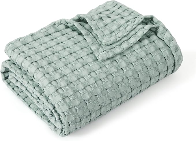 Bedsure Cooling Cotton Waffle Weave Blanket - Lightweight Breathable Blanket of Rayon Derived from Bamboo for Hot Sleepers, Luxury Throws for Bed, Couch and Sofa, Mint Green, 50x70 Inches