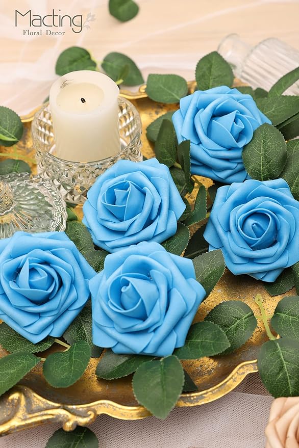 MACTING Artificial Flower Roses 30PCS Real Touch Fake Foam Roses with Stem Fake Flowers for DIY Wedding Bridal Bouquets Party Baby Shower Home Indoor Outdoor Spring Mothers Day Decor(Dark Teal Blue)