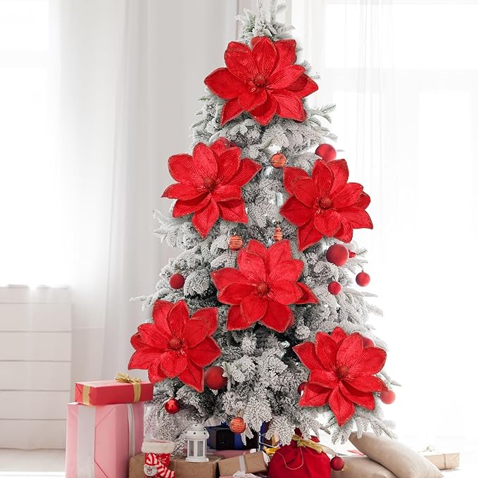 8 Pcs Large Christmas Flower Magnolia Flowers Christmas Tree Decoration Artificial Poinsettia Stems Velvet Xmas Ornaments for Xmas Tree Table Decor (Burgundy,16 Inch)
