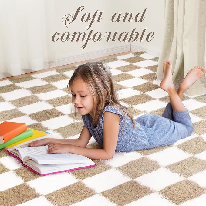 Super Soft Rug for Bedroom, 8x10 Ft Beige and White Area Rug Classic Checkered Shaggy Anti-Skid High Pile Soft Fluffy Rug Fuzzy Carpet for Living Room Bedroom Kids Room Nursery, Dorm Home Decor