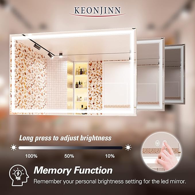 Keonjinn LED Bathroom Mirror with Lights, 60 x 40 Inch, Dimmable, Anti-Fog, Waterproof, Wall Mounted, Home Mirror