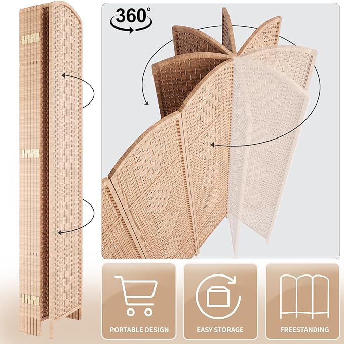 Rose Home Fashion 6 ft Tall Room Divider, Room Dividers and Folding Privacy Screens, 15.7in Privacy Screen 6 Panel Partition Temporary Wall Separation for Private, Natural