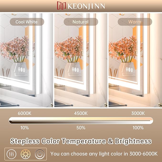 Keonjinn LED Bathroom Mirror 32" x 36" Frontlit and Backlit, Large Stepless 3 Colors Temperature & Dimmable Wall Mirror, UL Listed LED Driver Double LED Strip, Anti-Fog Frameless Tempered Glass Mirror