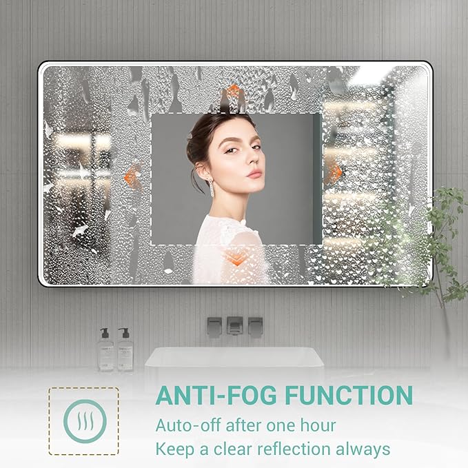 55x32 Inch LED Bathroom Mirror with Lights, Black Metal Framed LED Mirror for Bathroom, 3 Colors and Stepless Dimmable Wall Mounted Lighted Bathroom Vanity Mirror, Anti-Fog, Memory