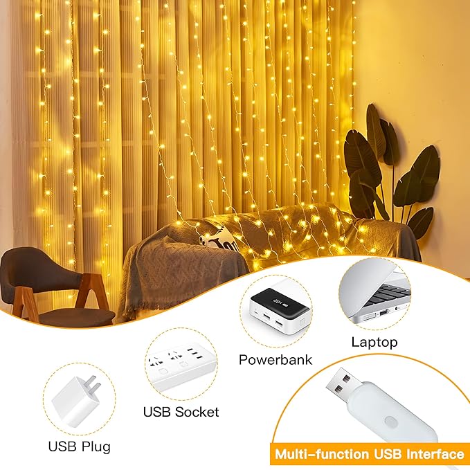 Ollny 2 Pack Curtain String Lights Warm White, 400LED 6.6x6.6ft Fairy Lights With Remote 8 Modes, Hanging Outdoor Waterproof, USB Power Wall for Bedroom Indoor Backdrop Window