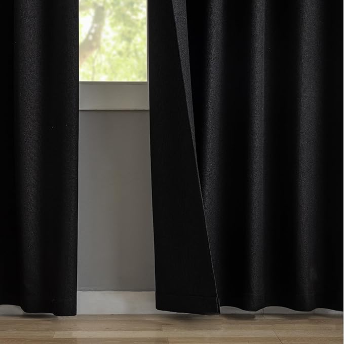 KangBang Pinch Pleat Black Out Linen Curtains 96 Inches Long, Noise Blocking Modern Pleated Drapes for Living Room with Hooks, Light Blocking Vertical Drapes for Office Hotel 2 Panels,40Wx96L, Black