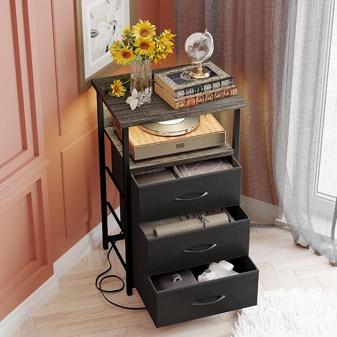 Fixwal Night Stand with Charging Station, LED Nightstand with U-S-B Ports and Outlets, 3 Fabric Storage Drawers with PU Finish, Bed Side Table, Charcoal Gray